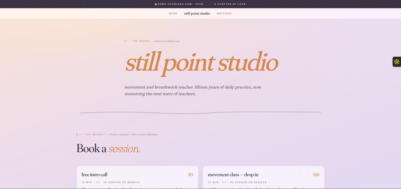 Loka, a booking storefront for wellness practitioners