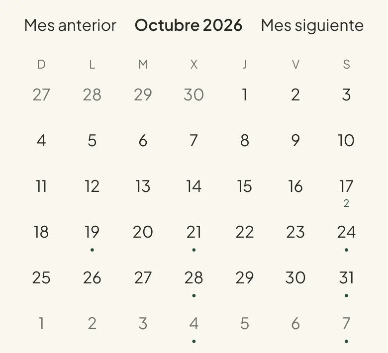 A month calendar for October 2026 with dots marking days that have activities, most of them from weekly recurring events.