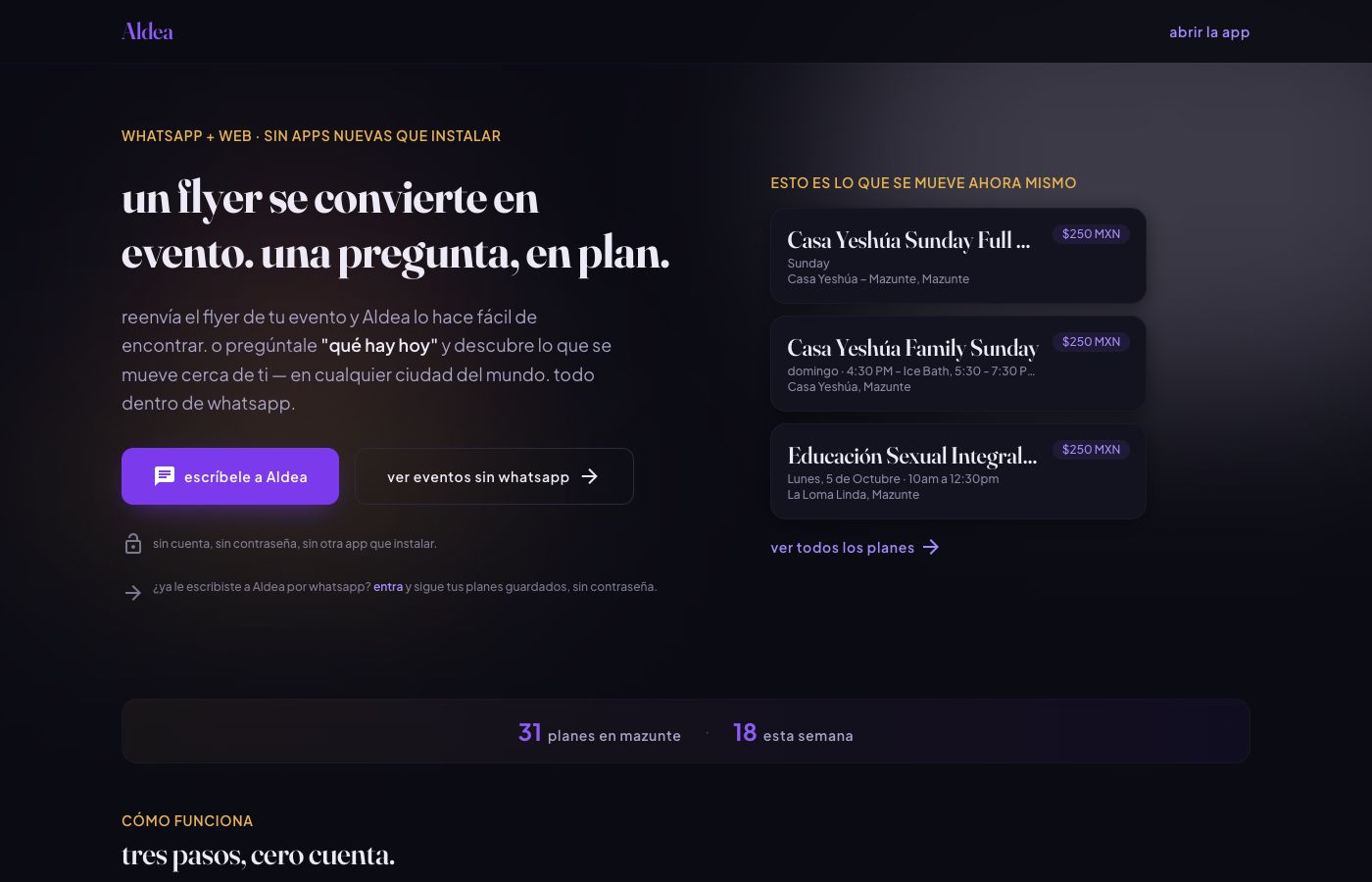 The aldea events landing page: “un flyer se convierte en evento” — event discovery and publishing that lives entirely inside WhatsApp.