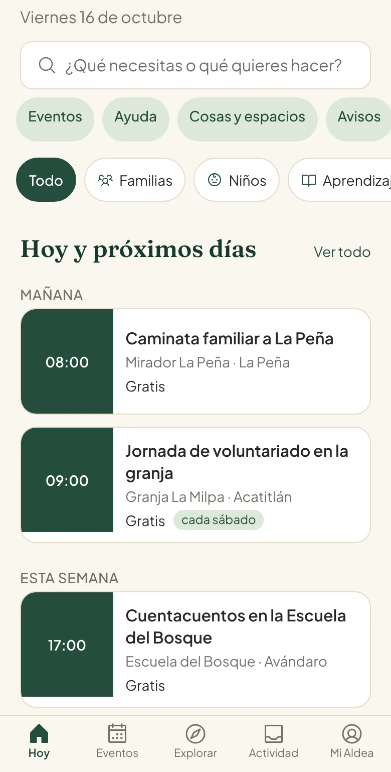 The Today screen on a phone: a search box, filters, and tomorrow's events with time, place and price, one marked as repeating every Saturday.