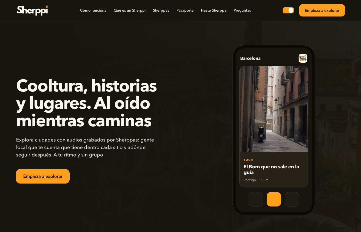 The Sherppi landing page: a dark hero with the line “Cooltura, historias y lugares, al oído mientras caminas” and a phone mockup showing a Barcelona audio tour.