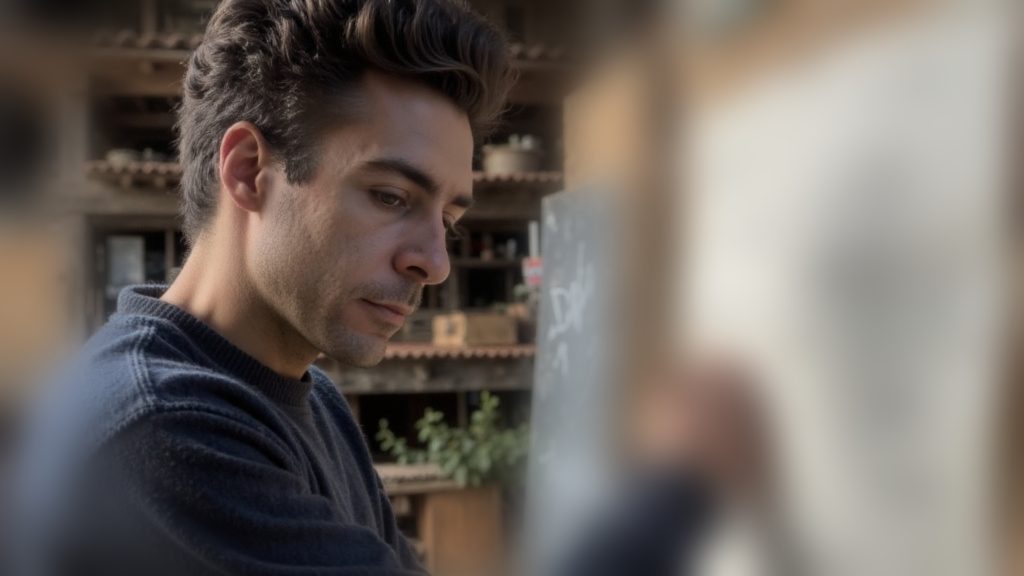 Jordi Amat close up in profile, pinning a sheet of hand-drawn notes to a board, a courtyard out of focus behind him.